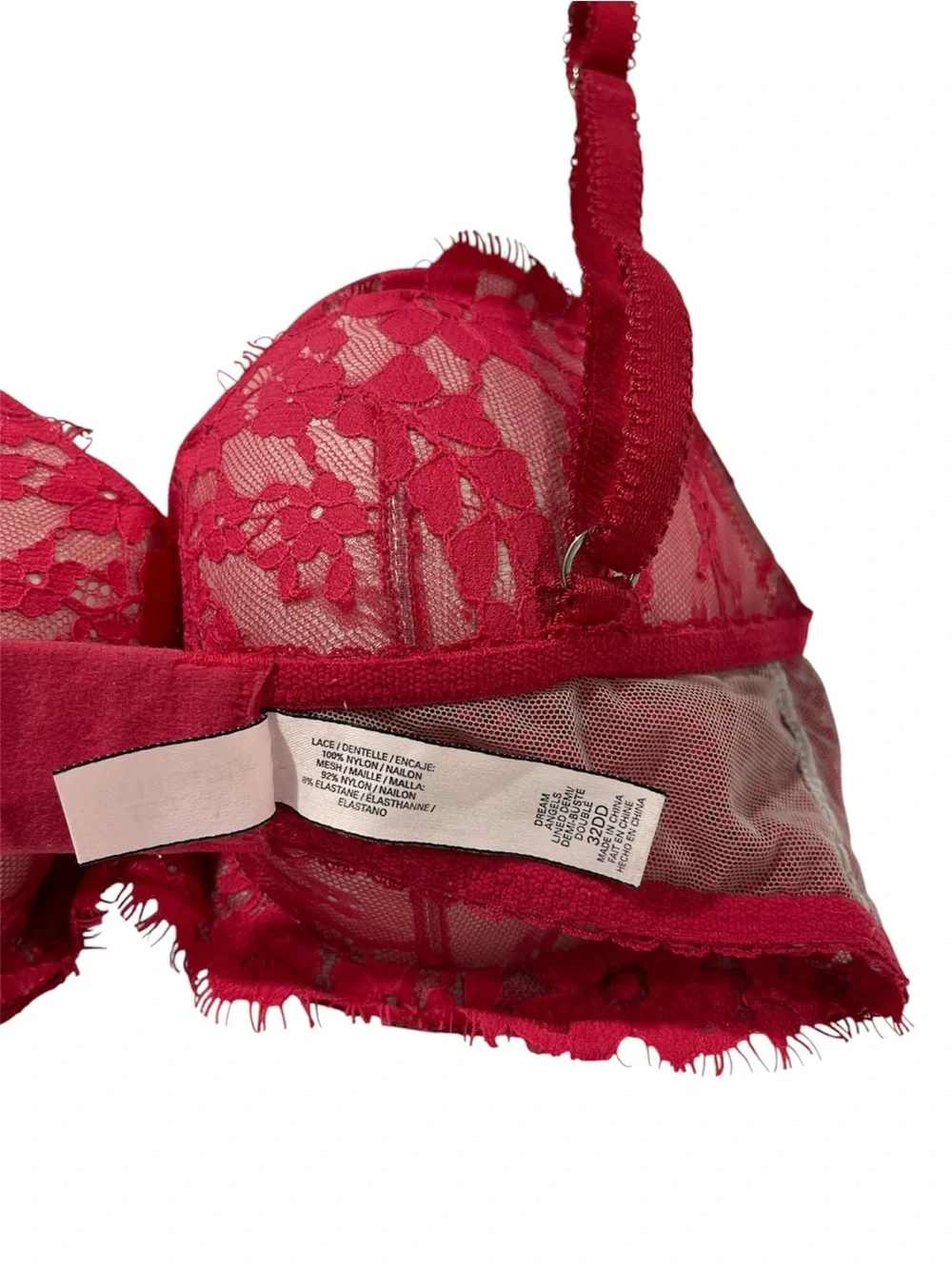 Victoria’s Secret Dream Angels Lined Demi Bra | Red Lace & Nude Mesh | 32DD